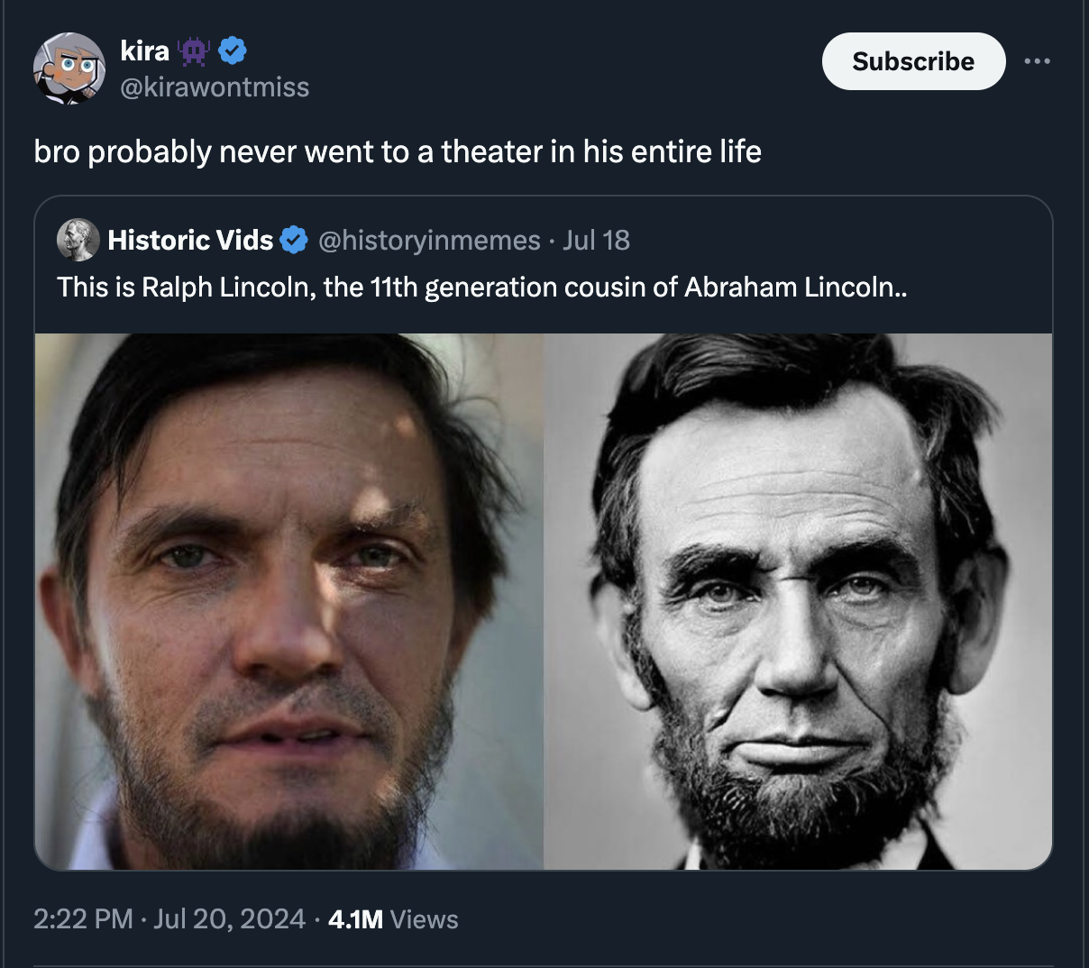 abraham lincoln in color - kira bro probably never went to a theater in his entire life Historic Vids . Jul 18 Subscribe This is Ralph Lincoln, the 11th generation cousin of Abraham Lincoln.. . 4.1M Views